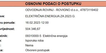 Objavljen javni natječaj za nabavu električne energije za 2023.g..