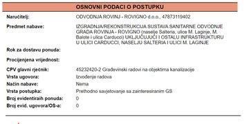 Prethodno savjetovanje za IZGRADNJA/REKONSTRUKCIJA SUSTAVA SANITARNE ODVODNJE GRADA ROVINJA - ROVIGNO (naselje Salteria, ulice M. Laginje, M. Balote i ulica Carducci) UKLJUČUJUĆI I OSTALU INFRASTRUKTURU U ULICI CARDUCCI, NASELJU SALTERIA I ULICI M.LAGINJE