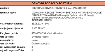 Objavljen javni natječaj za Izgradnju - rekonstrukciju sustava sanitarne odvodnje  grada Rovinja - Rovigno (naselje Salteria, ulice M.Laginje, M.Balote i ulice Carducci) uključujući i ostalu infrastrukturu