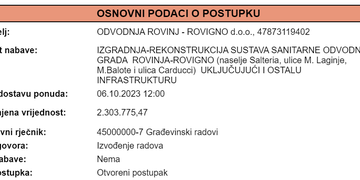 JAVNA NABAVA  "IZGRADNJA-REKONSTRUKCIJA SUSTAVA SANITARNE ODVODNJE GRADA ROVINJA-ROVIGNO (naselje Salteria, ulice M.Laginje, M.Balote i ulica Carducci) UKLJUČUJUĆI I OSTALU INFRASTRUKTURU"