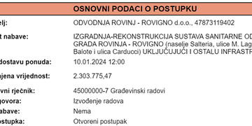 JAVNA NABAVA "IZGRADNJA-REKONSTRUKCIJA SUSTAVA SANITARNE ODVODNJE GRADA ROVINJA-ROVIGNO (naselje Salteria, ulice M.Laginje, M.Balote i ulica Carducci) UKLJUČUJUĆI I OSTALU INFRASTRUKTURU"